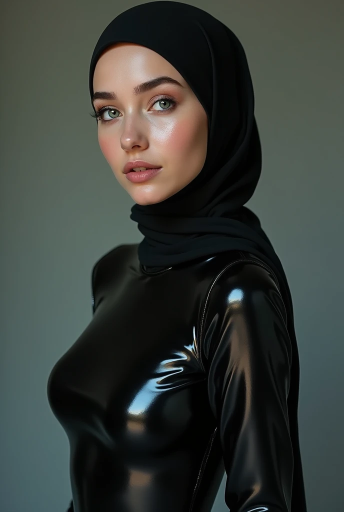 A girl wearing hijab . Innocent face. Long leg. Wearing full body black latex suit. High quality. High resolution