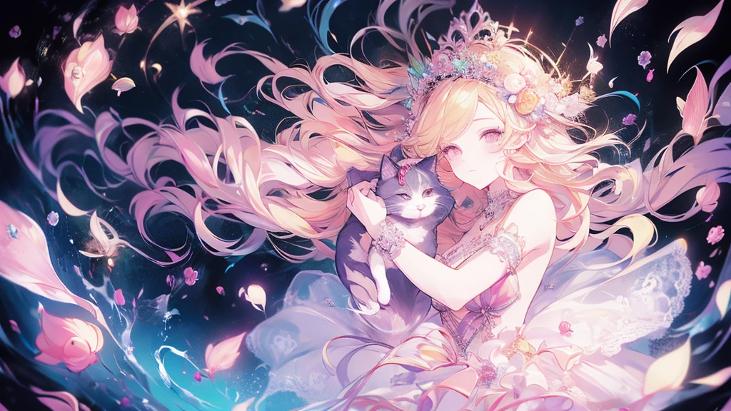 One girl hug a cat,masterpiece, Highest quality, so beautiful, Absurd, One girl, mature_Lady,pink_Bodysuits,Covered_Nipples,,sword_Otome, Long Hair,blonde, black,,At the Palace,floating_Clothes,From above