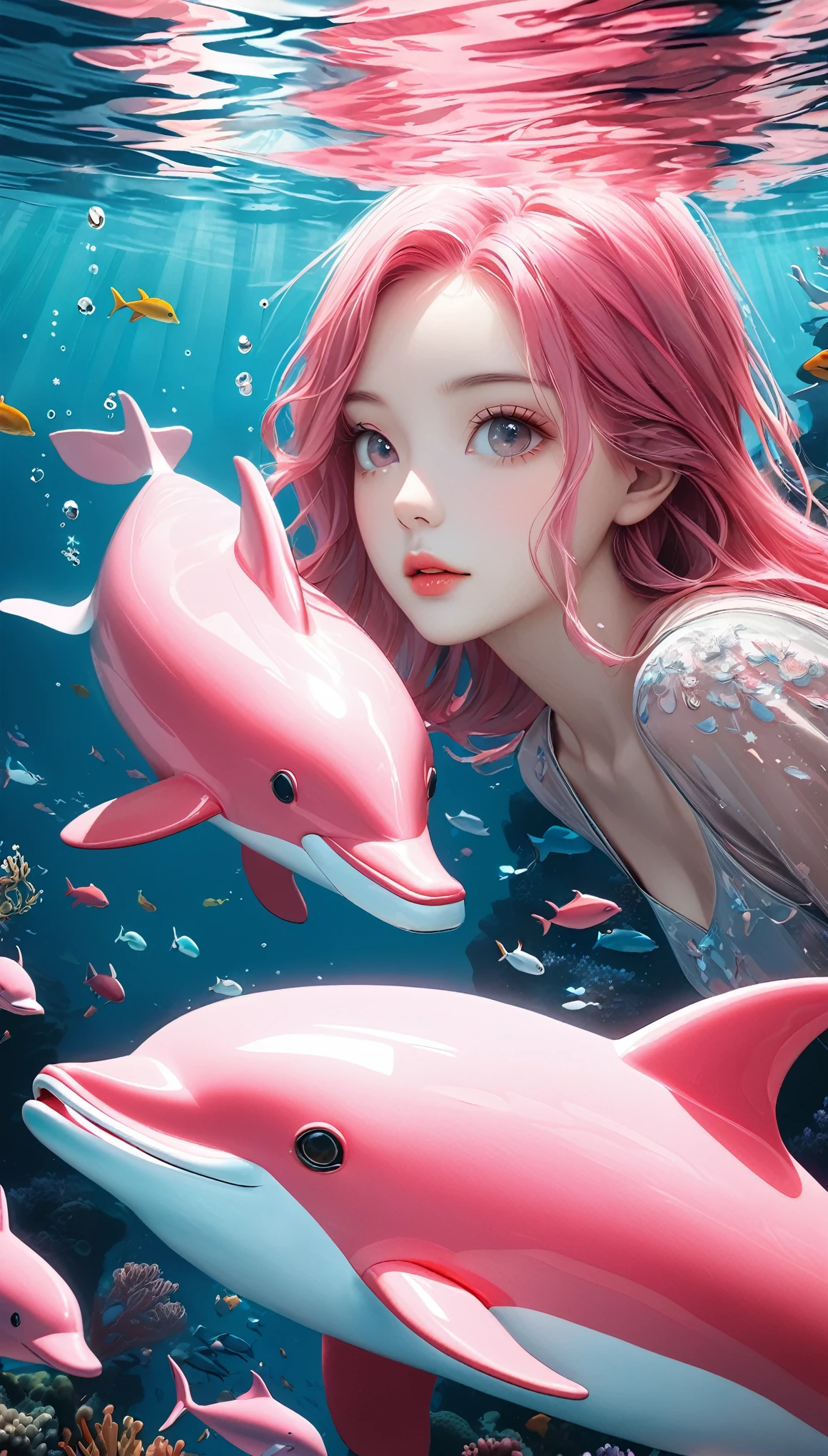 Girl swimming with pink dolphins, Beautiful attention to detail, Beautiful lip detail, Very detailedピンク色の目と顔, Long eyelashes, Underwater, Digital Art, award-winning masterpiece, Surreal, Famous Artists, 3D Art, transparent, A pink dolphin appears from the girl'Right side, (Highest quality,4K,8k,High resolution,masterpiece:1.2),Very detailed,(Realistic,photoRealistic,photo-Realistic:1.37),Vibrant colors,Studio Lighting,Bokeh