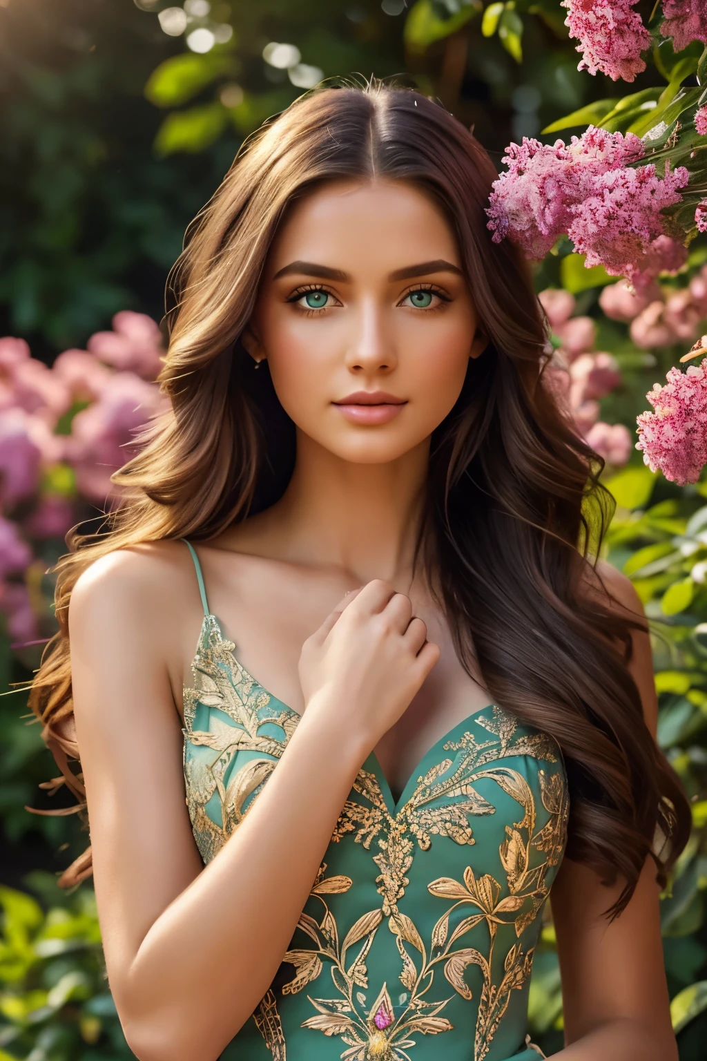 1girl, green eyes, long hair, beautiful detailed eyes, beautiful detailed lips, extremely detailed face, longeyelashes, elegant dress, intricate dress pattern, embroidered dress, ornate dress, luxurious dress, shiny dress, flowing dress, high quality fabric, realistic lighting, studio lighting, fine details, photorealistic, hyperrealistic, 8k, detailed background, lush garden, colorful flowers, nature setting, soft lighting, warm color palette, cinematic composition