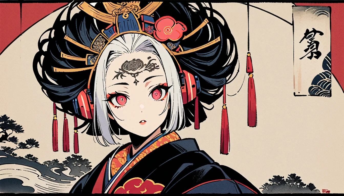 Ink painting, (((1 girl))), (((Tattoo in the middle of the forehead))),(((In the background is the Akatsuki moon))), (((Oiran))), (((Great hair accessories))), Japanese style headphones, Demon possession, (((Sakura tree eyes with engraving inside))),Face up close, Japanese beauty, White hair, Sensitive and precise, Modern Ukiyo-e style