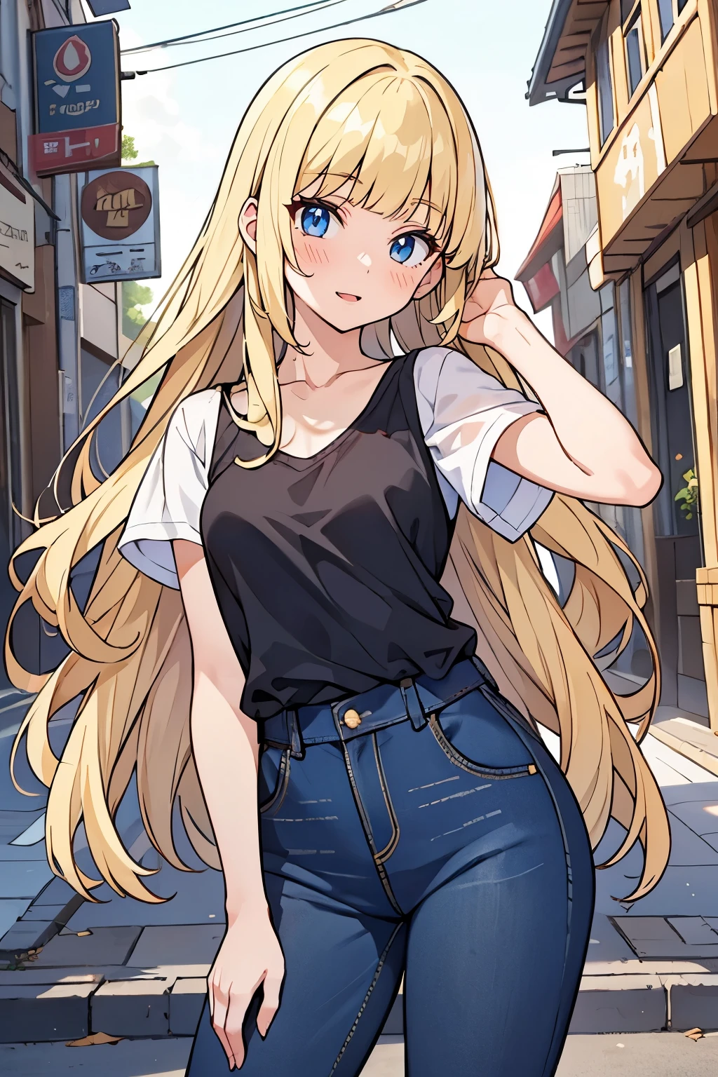 masterpiece, solo girl, (young female body:1.4), (medium small breasts), cowboy shot, flustered, yellow golden hair, extra gold long hair, thick wavy hair, hime cut, blunt bangs, crystal blue eyes, light blue detailed eyes, princess hairstyle, tied hair, college girl, dark blue jeans, black tank top, tucked in shirt, short sleeves, standing in the streets background,