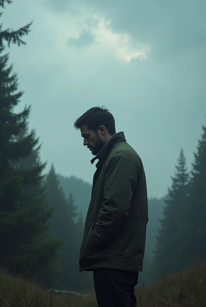 Man back ,Depression,In the forest,Cloudy sky,Textured clouds