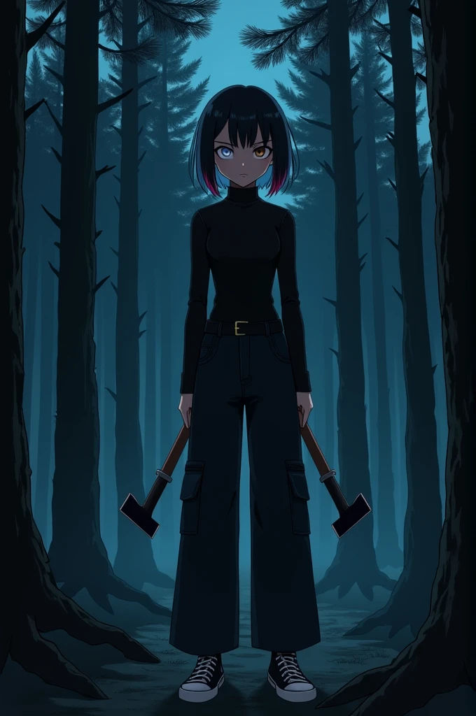 Then, Por favor, create the image of a 15 year old girl with heterochromia in her eyes, one of which is white and the other brown. She has short hair with side bangs and two small strands in her hair., one pink and one blue. She wears a black turtleneck bodysuit, black wide-leg pants with side pockets and black ALL star sneakers. She is in the middle of a pine forest at night, His expression is serious and he is holding a hatchet.