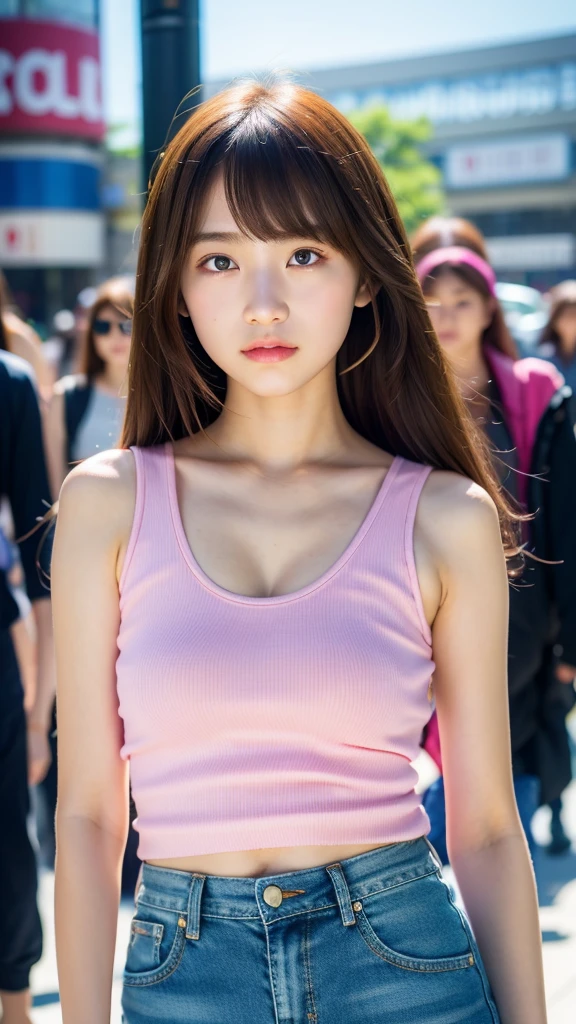(best quality, 8k, 32k, masterpiece, UHD:1.2), ultra high resolution, extremely detailed, (cute idol face Korean teenage girl), (:1.3), solo, long shot, beautiful detailed eyes, semi long brown fluffy hair, bangs, (wearing pink tank-top and denim shorts), large breasts, cleavage, (crowded city boulevard on a bright sunny day:1.3), perfect professional lighting, (detailed background:1.5)