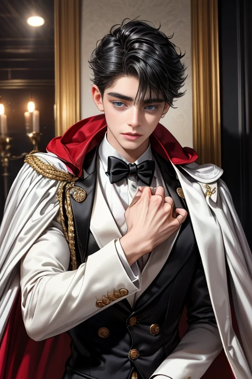masterpiece, 最high quality, high quality, 1 boy, alone, Male focus, Watching the audience, Messy black hair, Adorable big blue eyes, White, Noble, Noble,A sexy, voluminous, puffy cape、tuxedo、A very voluminous, large, very large, very large, long, long red and black cape with a high stand-up collar, made of a lot of fabric that reaches down to the floor., 17 years old,Cute beautiful boys,Cute, cute, kind, handsome guy