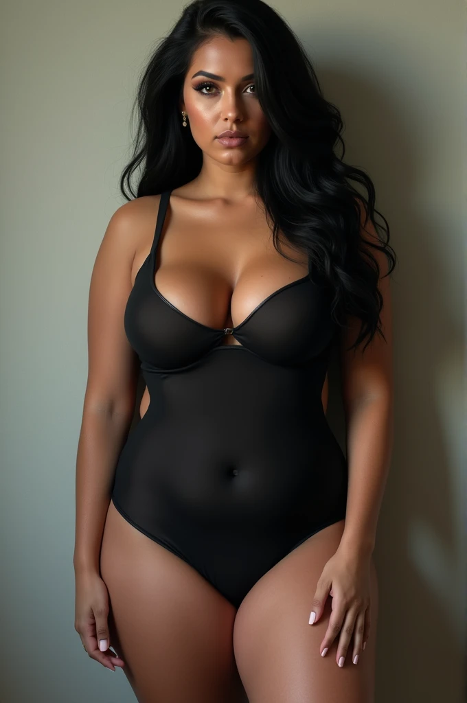 White woman with long black hair and black makeup with huge  and huge buttockg very tight clothes 