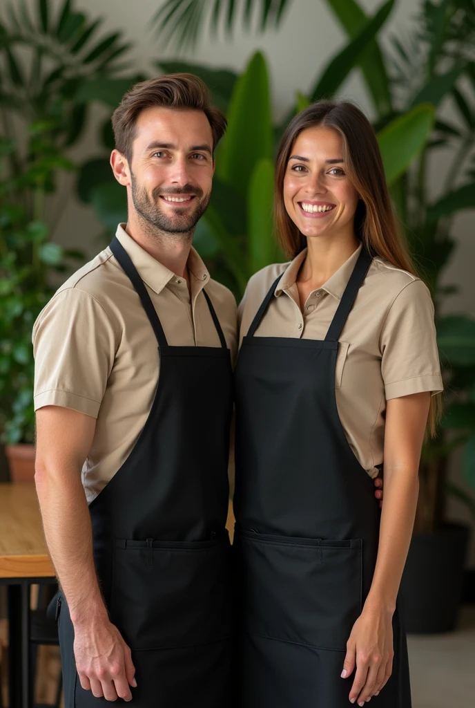 a waiter and waitress in waist-length black aprons and khaki polo shirts, against a background of tropical plants