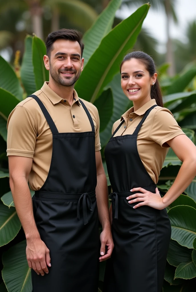a waiter and waitress in waist-length black aprons and khaki polo shirts, against a background of tropical plants