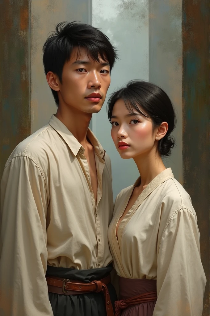  tall Khmer young man and beautiful young woman her hair is very short in 1500s( they wear simple clothing)
