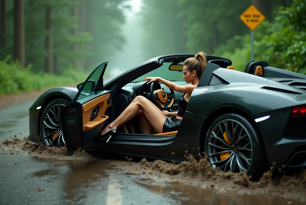 The camera captures the interior of a luxury sports car from a low angle, offering a long and wide side view of a woman. On an overcast day, the vibrant greenery in the background enhances the scene where the nervous and frustrating singer, LISA, is seated in the driver's seat, bent over and pedals the car accelerator stressfully and furiously with a stiletto-clad foot, right hand on steering wheel and left hand on gear stick. She leans nervously to the side, head outside and look back at the spinning rear wheel through the rolled-down window as the car slips in the mud. The sharp focus on the surrounding greenery, with trees and bushes, highlights a road sign that reads "bad road." LISA's striking attire, featuring a sleek off-shoulder dress pair with super sleek latex bodycon skintight mini skirt, and stiletto high heels, accentuates her dynamic presence.