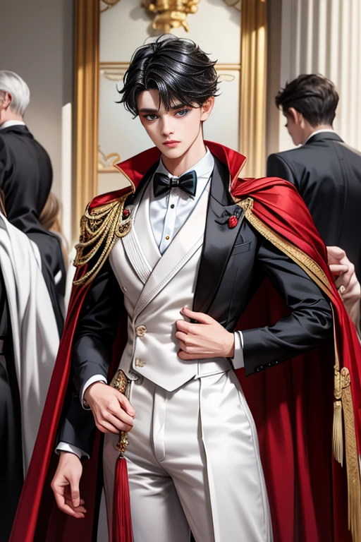 masterpiece, 最high quality, high quality, 1 boy, alone, Male focus, Watching the audience, Messy black hair, Adorable big blue eyes, White, Noble, Noble,A black and red cape that is bursting with sexy volume、Tuxedo、A very voluminous, large, very large, very large, long, long red and black cape with a high stand-up collar, made of a lot of fabric that reaches down to the floor., ,Cute beautiful boys,Cute, cute, kind, handsome guy