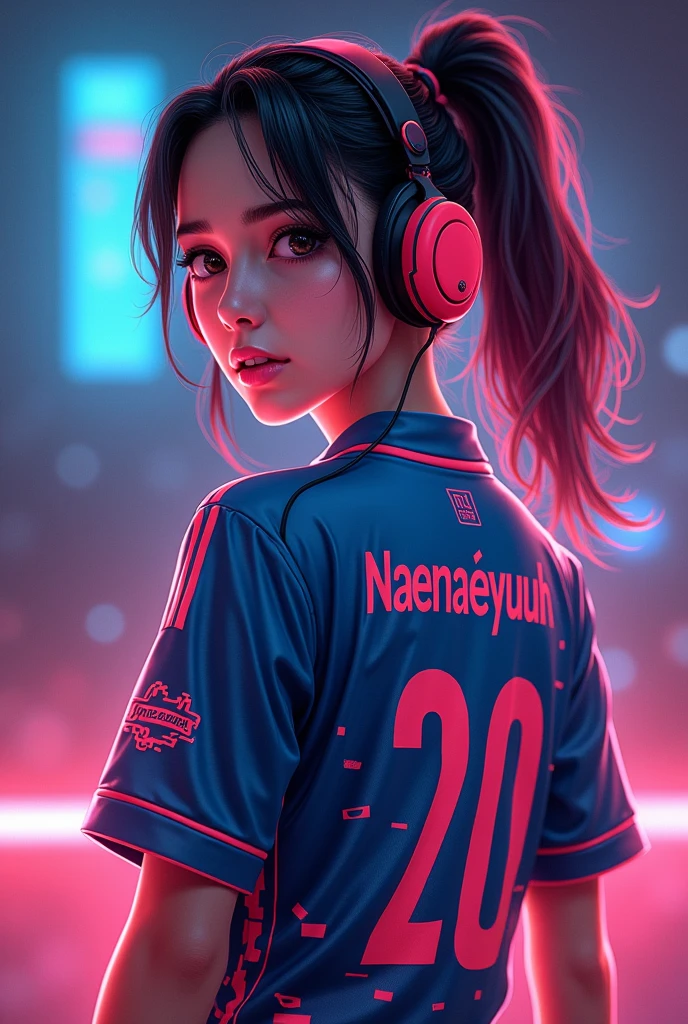 A young woman gamer wearing esports jersy with a name
"Naenaeyuuh" at the back