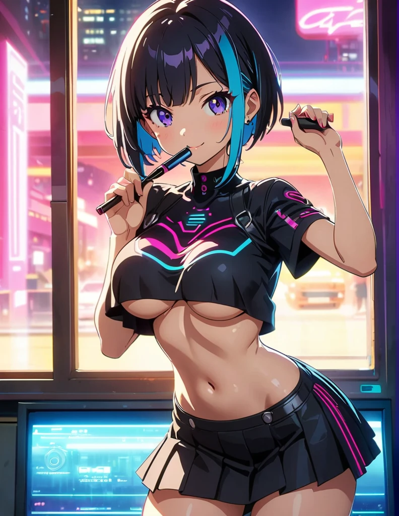 (anime artwork, anime style, studio anime, very detailed, up to date, vibrant, Anime Coloring, high contrast, masterpiece:1.2, best quality, best aesthetics),1 girl,cyber punk clothes, Medium chest, A glimpse of thighs,cyber punk hair, One eye is hidden by the bangs, perfect proportions, high detail skin, Cute, detailed faces,cyber punk cafe,sit, applying makeup, large breasts, cutout between underboob and shirt,very short pleated miniskirt,makeup, smart phone,