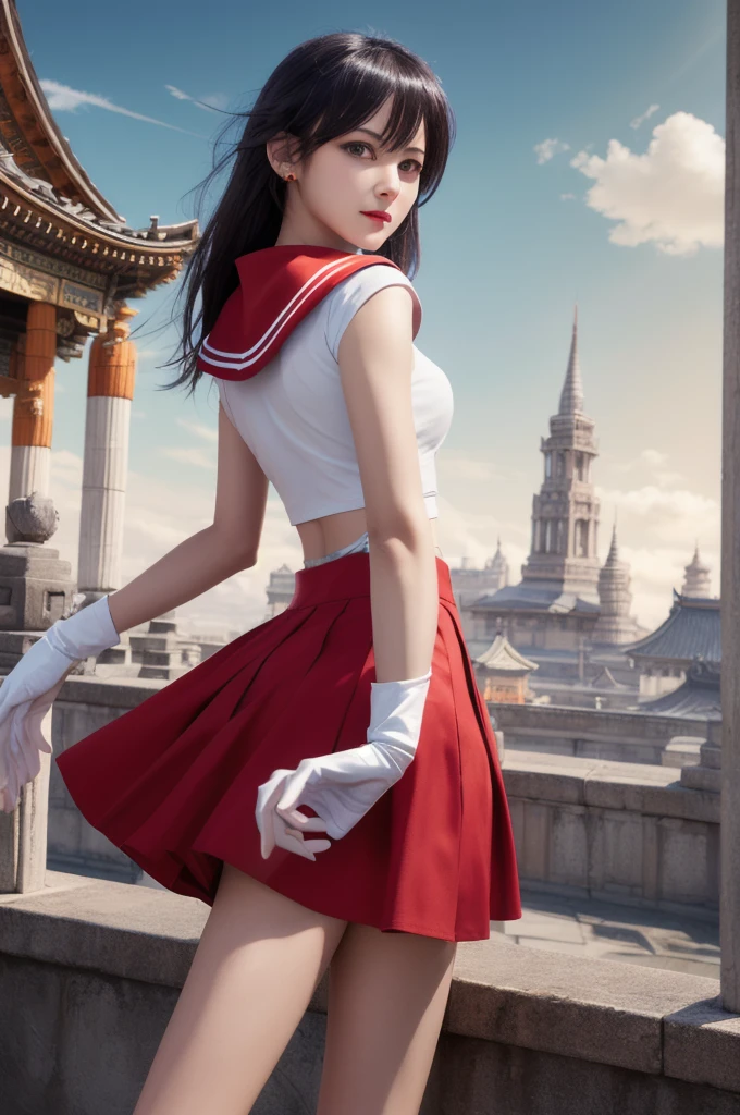 Absurd, (Highest quality), (masterpiece),(Very detailed:1.2), (High resolution), Half body 1 person, alone, Same 1, tiara, Sailor Warrior Uniform, White gloves, Red Sailor Collar, Red Skirt, Fantasy Town Temple, 