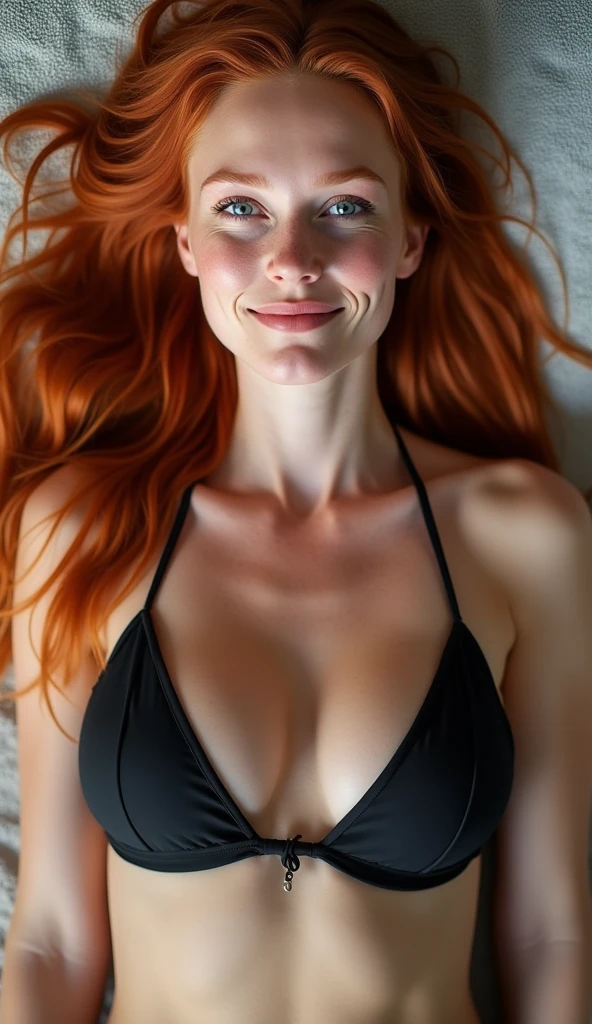 long haired redhead woman, with freckles and blue eyes, with a smile on her sensual face, dimpled smile, with medium breasts, lying on a towel in a black two-piece bikini, image from above full body, from head to toe.