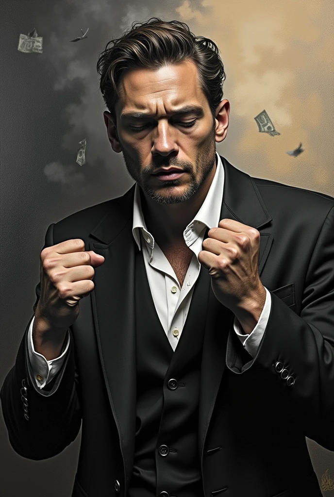 A Tom Hardy struggling for money,Dressed as a young gangster, Oil painting, Watching the sky smoke,eye closeds,Harsh brushstrokes, Dramatic lighting, Intense expression, Determined eyes, Clenched fists, Sweat dripped down his face, Ruffled suit, broken chain, Crumbling dollar bills, Crumbling stock market charts, smoke in the background, Black and white with a touch of gold, Realism. (Best quality, A high resolution, Ultra-detailed), (Realistic:1.37), professional, Vivid colors.
