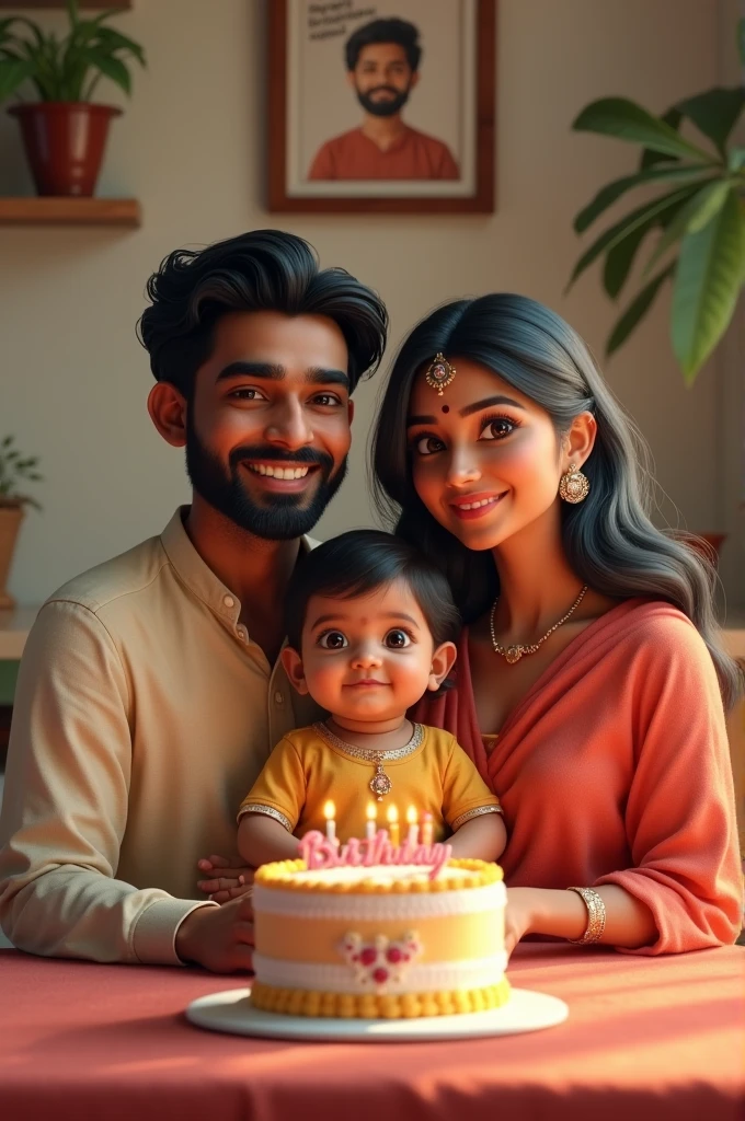 Photorealism A young south indian man with beard and a young south indian woman with their beautiful 1 year old baby girl , there is a photo of the couple on the wall behind which has devi & athul written on it , a cake on the table which says "happy birthday nandhooty"