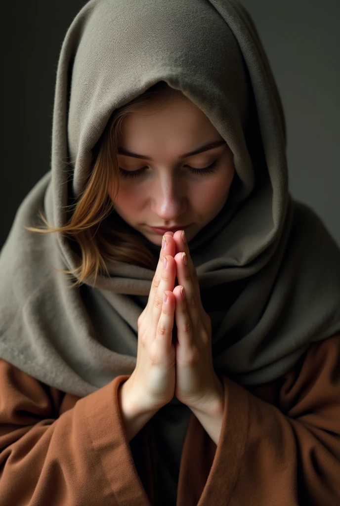 (photorealism:1.2), beautiful woman, head covered with scarf, Praying, in head down position

