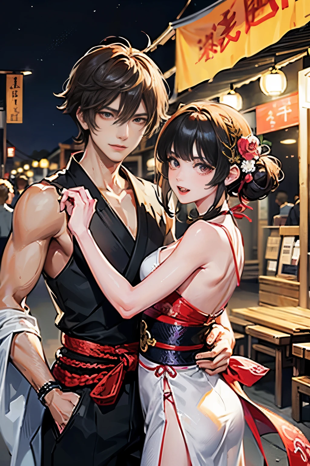 Two men and women going to the Bon Odori dance. One man and one woman. Couple. They are wearing black jinbei with red floral patterns. Bon Odori dance 2.5D digital art style, two people holding hands, accurate style, perfect face, natural anime face, the man is a cool guy, the woman is a beautiful woman, beautiful man and woman, model is Final Fantasy, file fantasy, anime digital art, bon odori, fun scene, two people laughing, bon odori at night, night market, night, soft color, soft focus