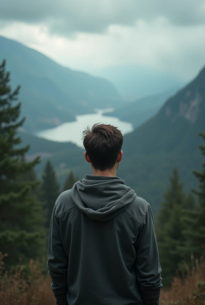 Man back ，Depression，In the forest，There is a lake in a distant place，heavily clouded，Textured clouds