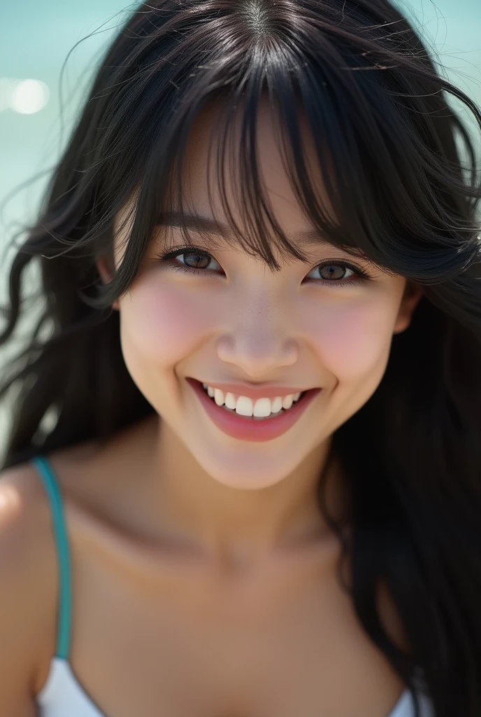 South Korean women beautiful black sof smooth silky shiny bouncy think free bangs voluminous hair and free white armpits on wear bikini and under wear mostly laughing