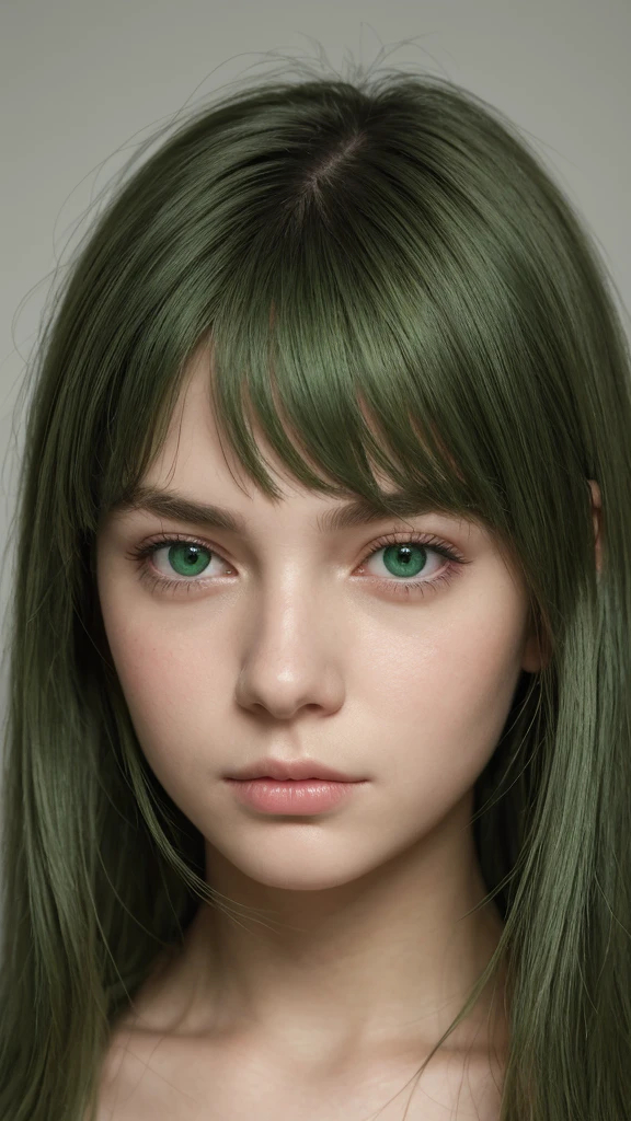 facial portrait. a girl. european. extremely detailed face. attractive expression. oval face. delicate features. half-closed eyes. sad eyes. green eyes. long messy hairstyle. green hair. indifferent expression. looking
