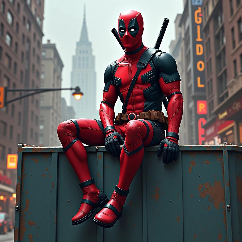 Deadpool sitting on wall hanging legs