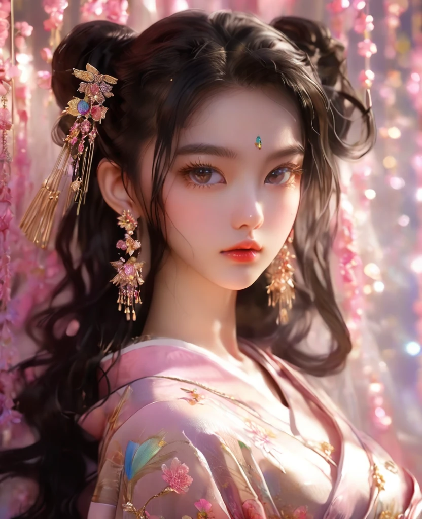 8K,Asian cute girl，an extremely delicate and beautiful,Beautiful and realistic skin,Shiny jewel-like earrings,Bedhead,like glitter black hair,,beautiful eyes,full body