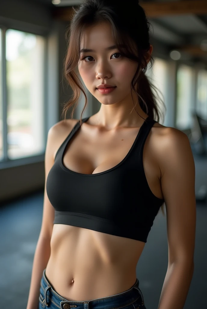 a close up of a woman in a black top and jeans, tight black tank top, training bra, Sports goodness, black top, is good at sports, she&#39;s wearing a black T-shirt, gorgeous young korean woman, Dense push-up bra, wear a low-cut tank top, korean girl, detailed Sports goodness, suitable girl, 8k, Realism, in gym