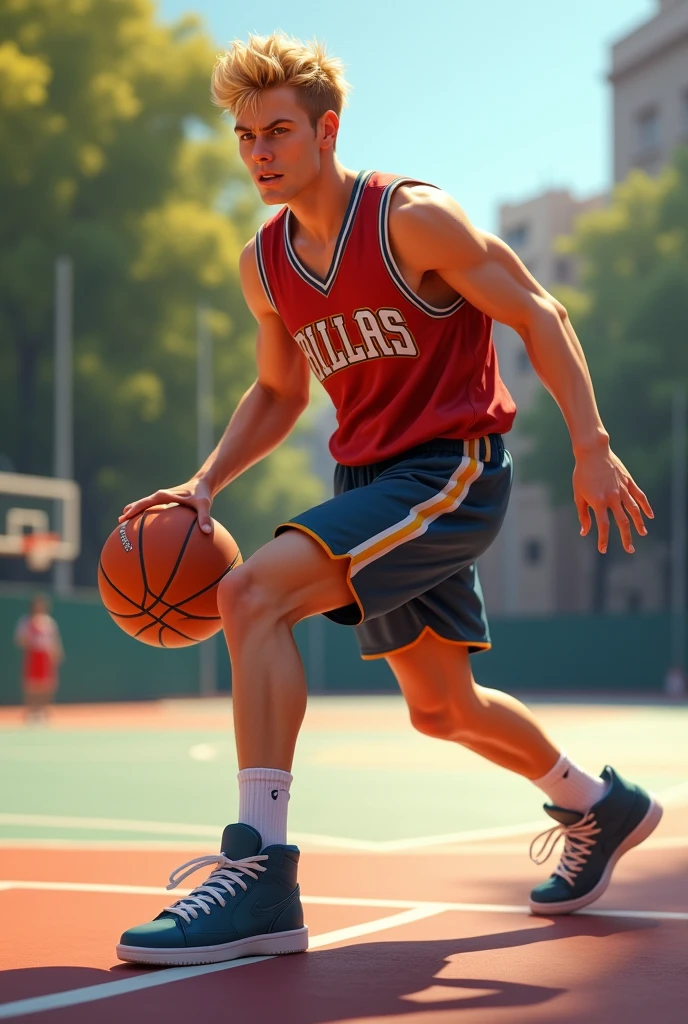 Man, Brown eyes, blonde, plays basketball