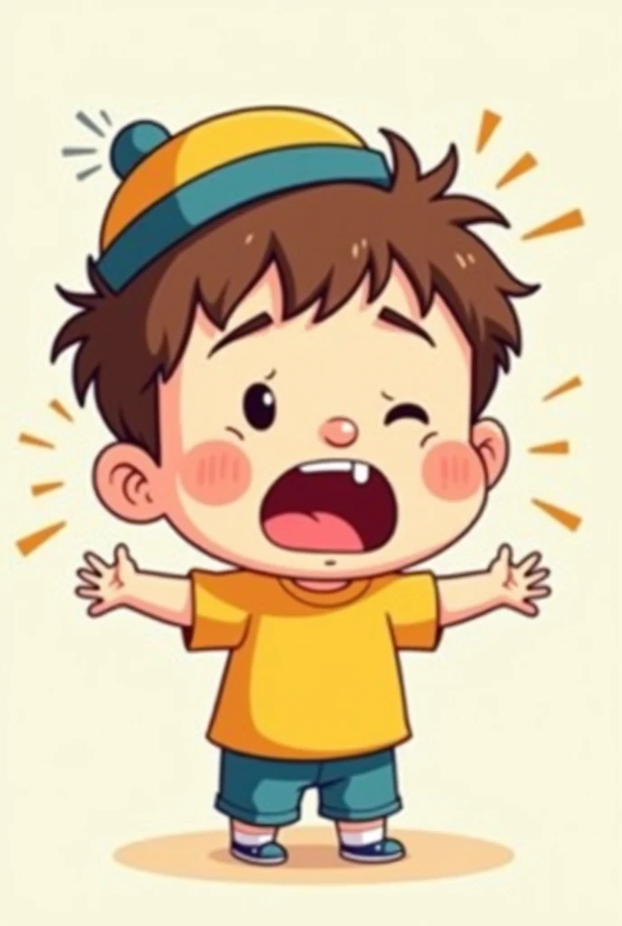A chibi cartoon boy character who is coughing