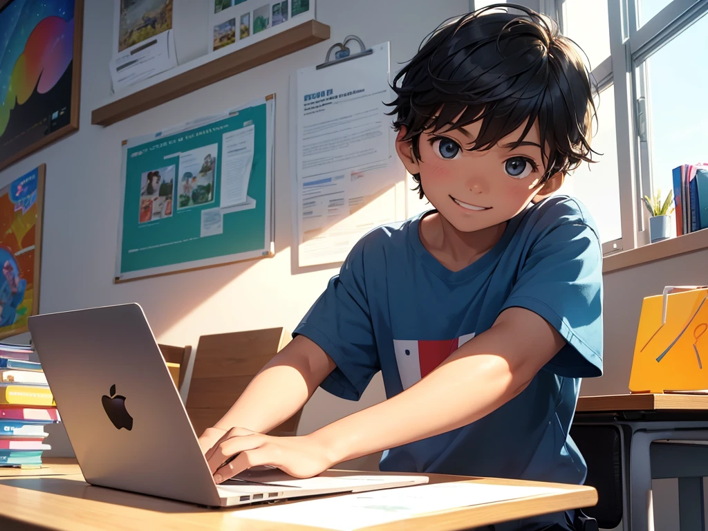 A photo of a young boy proudly displaying his MacBook, sitting at a modern desk in a bright, well-lit room, with colorful posters on the walls and a cheerful expression on his face, natural lighting, high detail.