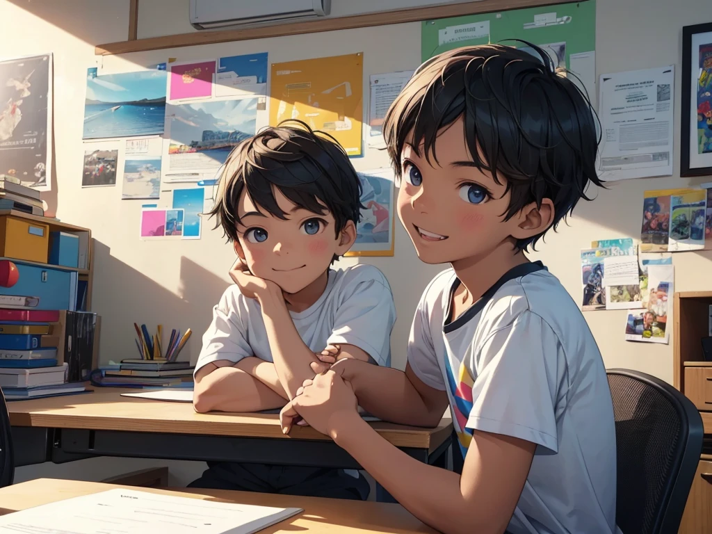 A photo of a young boy proudly displaying his MacBook, sitting at a modern desk in a bright, well-lit room, with colorful posters on the walls and a cheerful expression on his face, natural lighting, high detail.