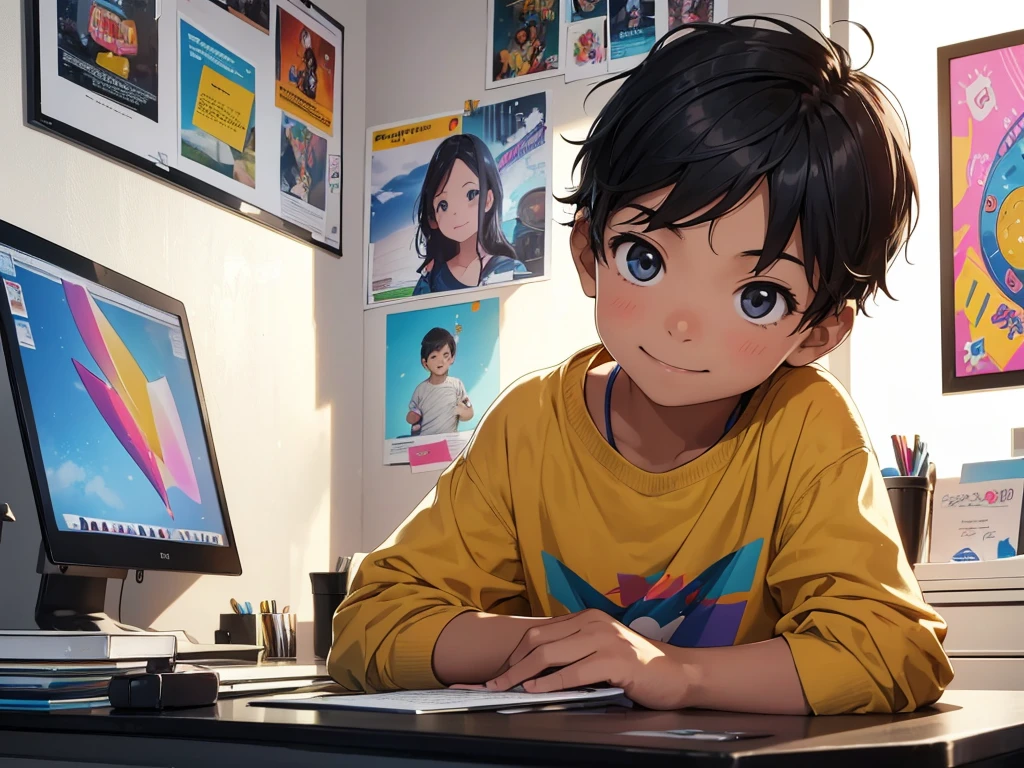 A photo of a young boy proudly displaying his MacBook, sitting at a modern desk in a bright, well-lit room, with colorful posters on the walls and a cheerful expression on his face, natural lighting, high detail.