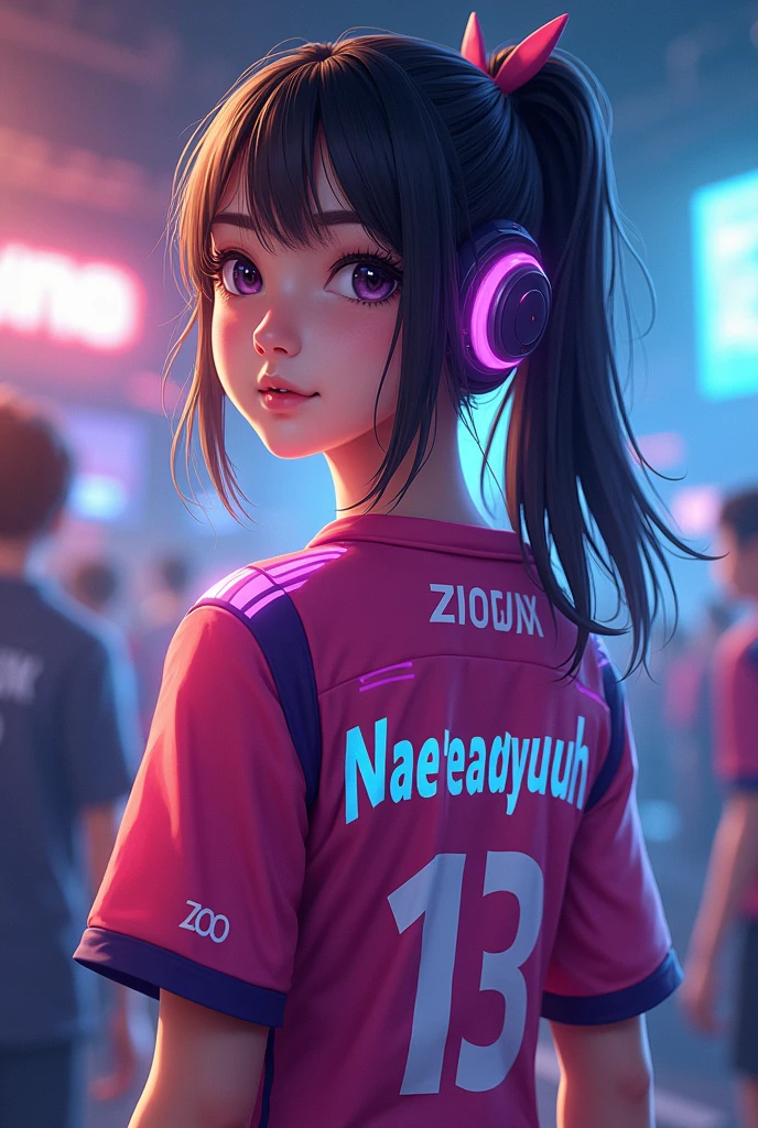 A young woman wearing esports jersy with a name 
"Naenaeyuuuh" at the back