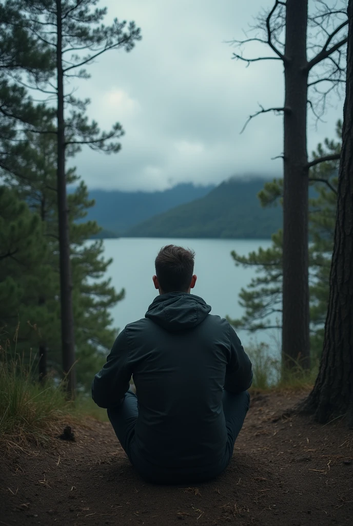 Man back ,Depression,In the forest,There is a lake in a distant place,heavily clouded,Textured clouds