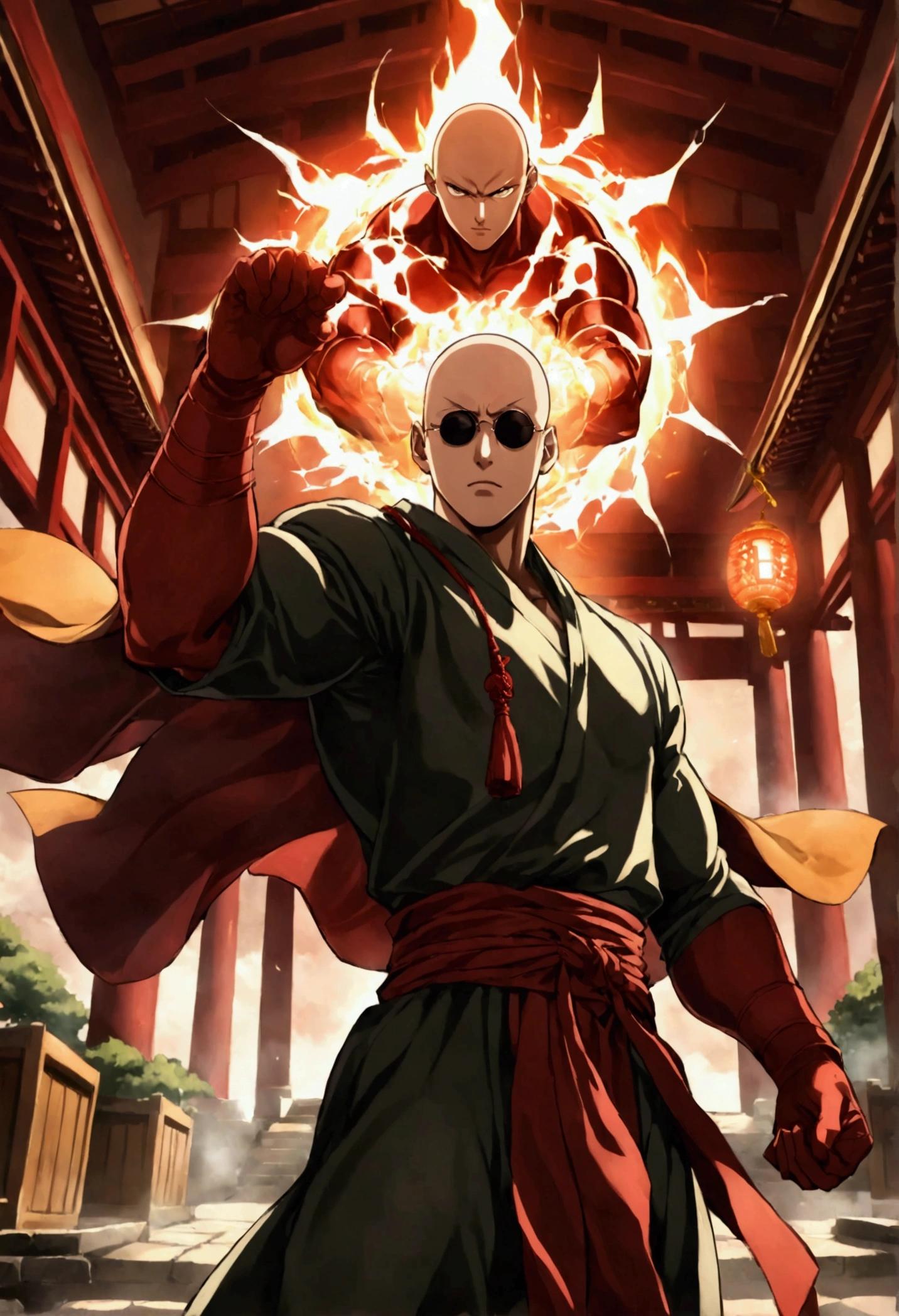 Japanese monk、Small、Round sunglasses、Equip a ritual item、Hero of Justice、One Punch Man、Japanese Temples、strongest、Exorcising evil spirits、