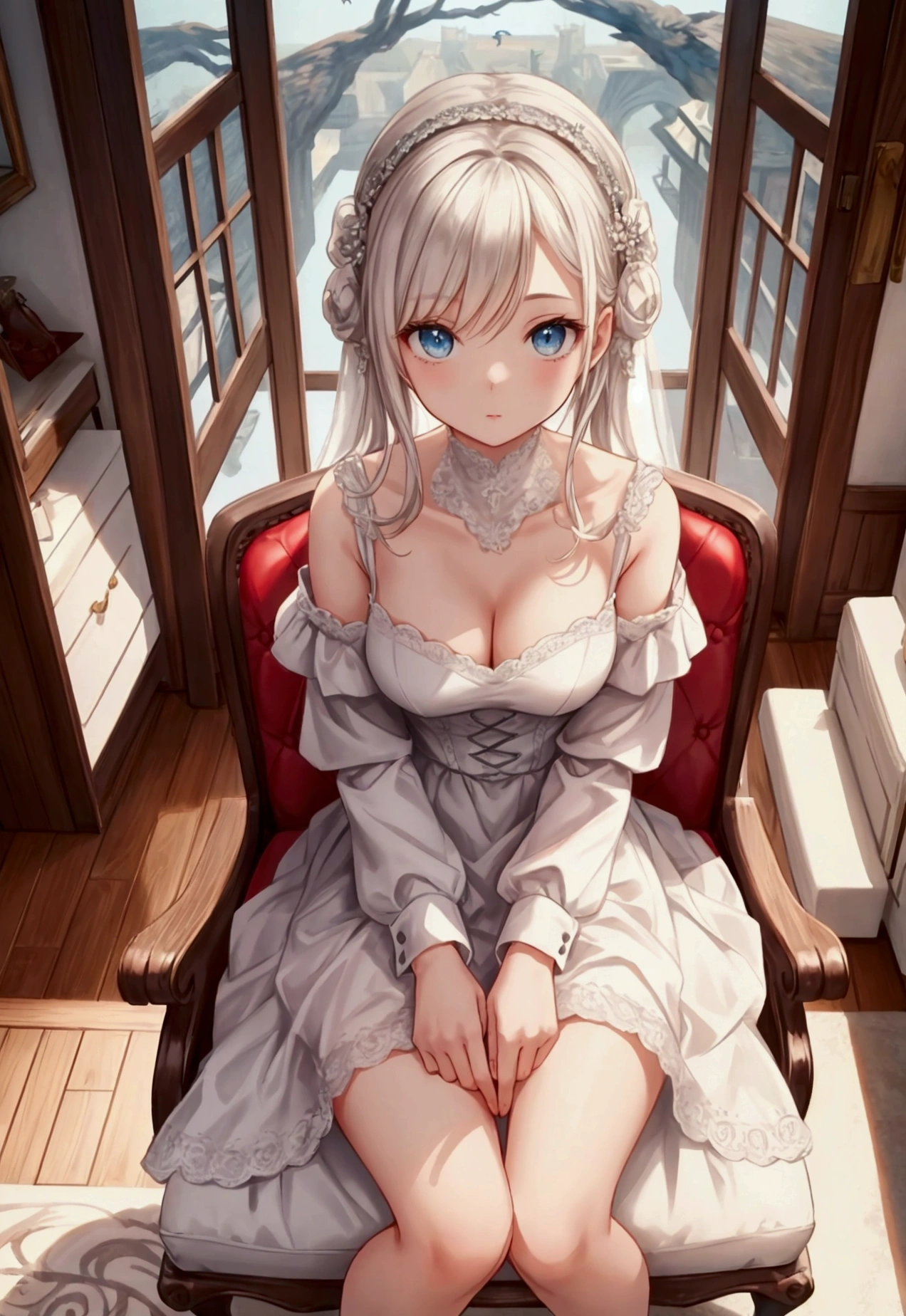 Sitting on a chair, white dress, legs open, top view, bird's-eye view, beautiful woman, older sister