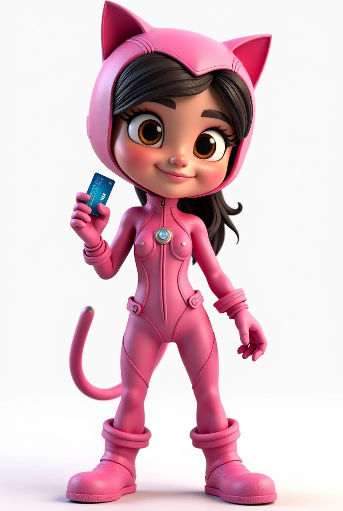 create a 3D disney pixar female character, dressed as catwoman, pink costume, charming brown eyes, holding a card credit ,white background