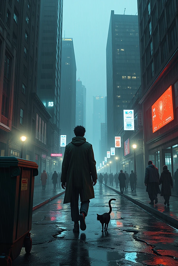 A Young man walking down a street, in a dark city , rainy day, in the morning light, with brutalist degraded buildings, a cat running to a garbage dumpster, some people walking, holographic screens on the walls.