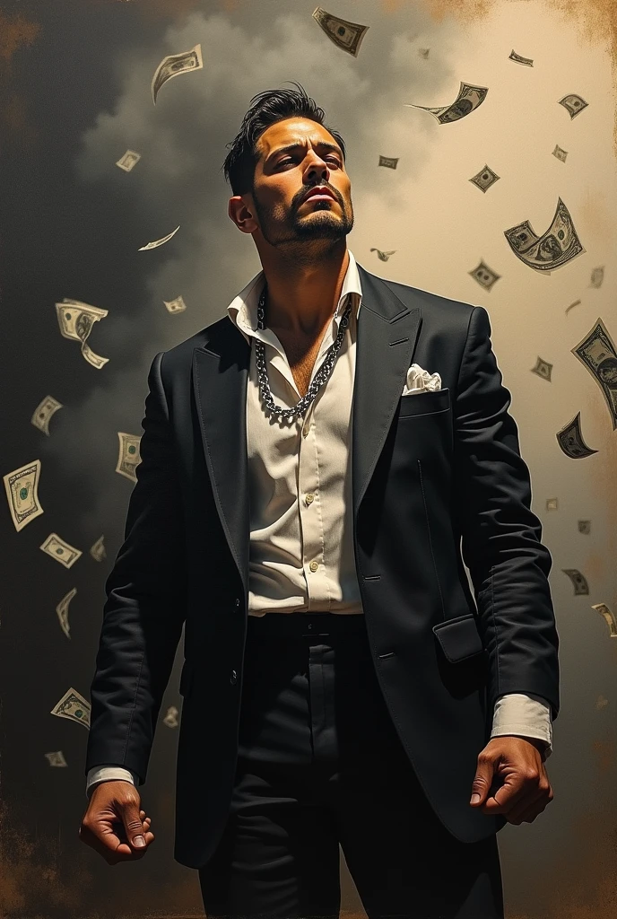 A Tom Hardy struggling for money,Dressed as a young gangster, Oil painting, Watching the sky smoke,eye closeds,Harsh brushstrokes, Dramatic lighting, Intense expression, Determined eyes, Clenched fists, Sweat dripped down his face, Ruffled suit, broken chain, Crumbling dollar bills, Crumbling stock market charts, smoke in the background, Black and white with a touch of gold, Realism. (Best quality, A high resolution, Ultra-detailed), (Realistic:1.37), professional, Vivid colors.