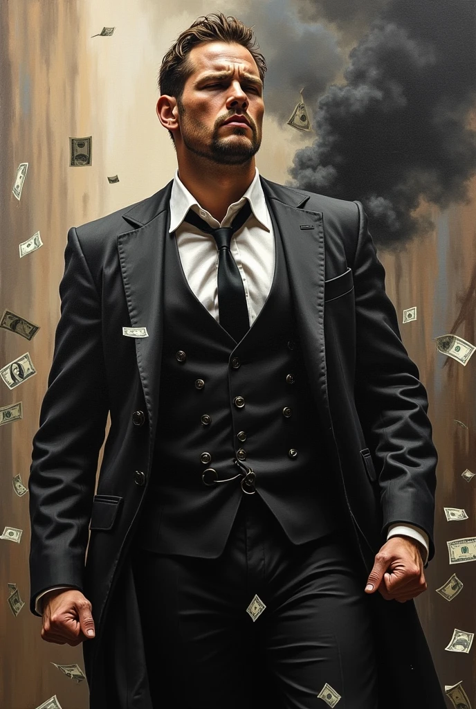 A Tom Hardy struggling for money,Dressed as a young gangster, Oil painting, Watching the sky smoke,eye closeds,Harsh brushstrokes, Dramatic lighting, Intense expression, Determined eyes, Clenched fists, Sweat dripped down his face, Ruffled suit, broken chain, Crumbling dollar bills, Crumbling stock market charts, smoke in the background, Black and white with a touch of gold, Realism. (Best quality, A high resolution, Ultra-detailed), (Realistic:1.37), professional, Vivid colors.
