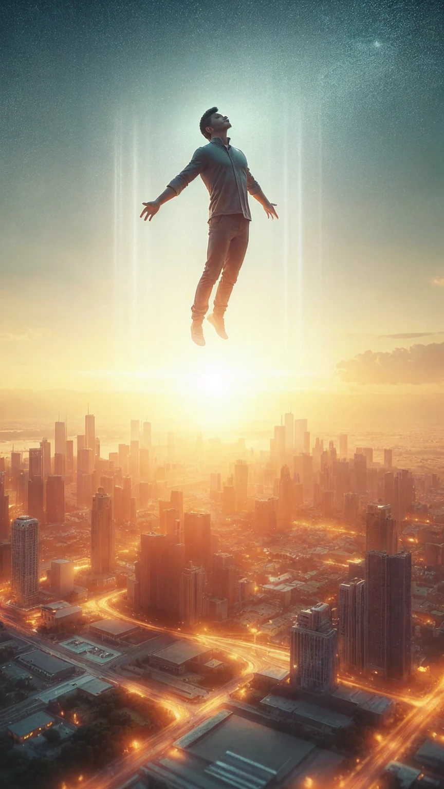 Very real image. A levitating person. Photorealism, full view, very detailed image, very realistic, hyperrealism, cinematography, Ultra HD, 8k, Unreal Engine 5, sharp focus, intricate and mysterious masterpiece. (Long exposure photography Artistic illustration close-up portrait very detailed: final quality, medium shot, backlight, Rich and striking. Enigmatic and mysterious manipulations (composition of the rule of thirds), ((detailed environment with strong lines) The best quality, in camera, white light, warm and clean aesthetics, dazzling screen composed of millions of brilliant ultraviolet rays, HDR.