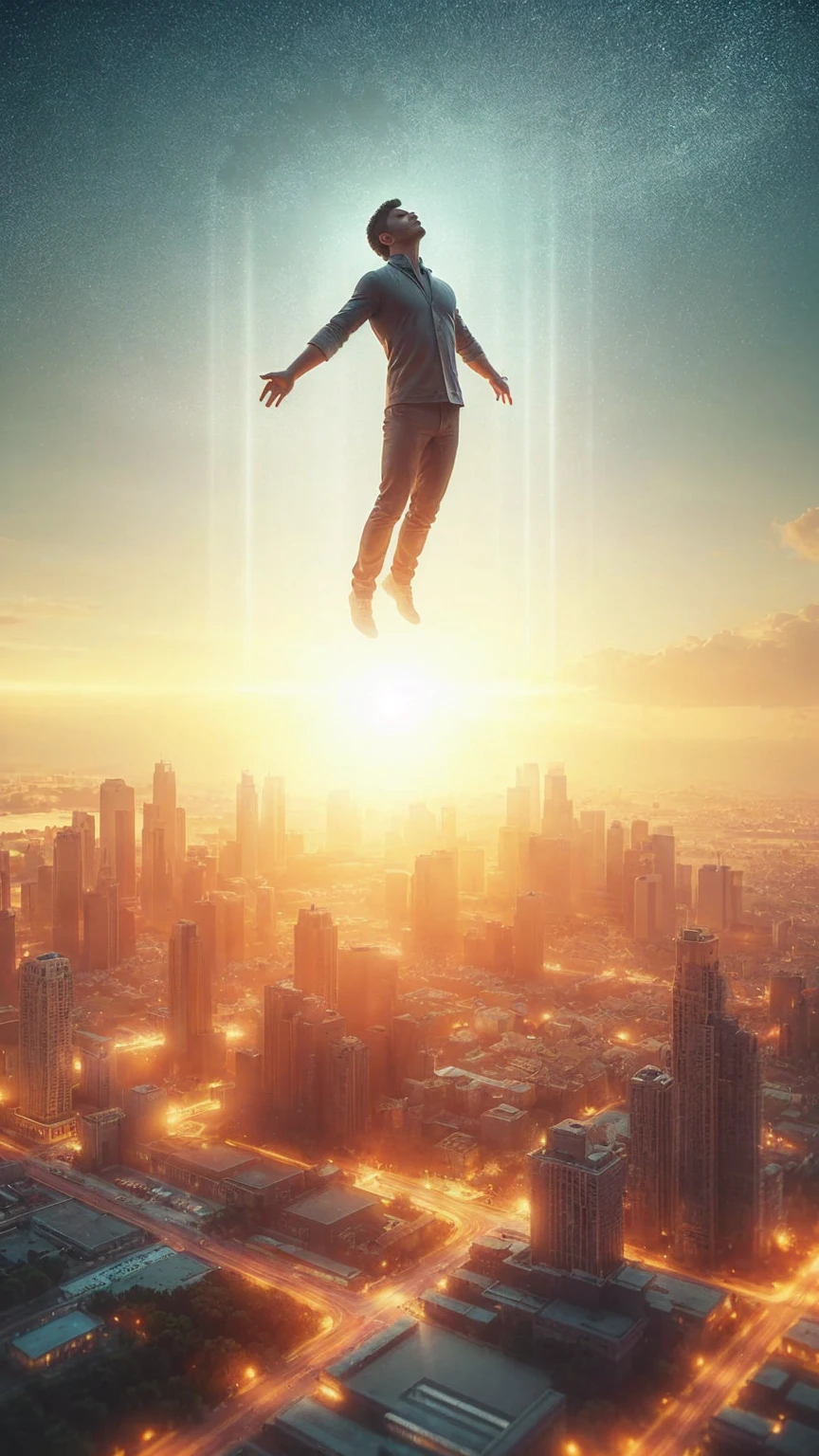 Very real image. A levitating person. Photorealism, full view, very detailed image, very realistic, hyperrealism, cinematography, Ultra HD, 8k, Unreal Engine 5, sharp focus, intricate and mysterious masterpiece. (Long exposure photography Artistic illustration close-up portrait very detailed: final quality, medium shot, backlight, Rich and striking. Enigmatic and mysterious manipulations (composition of the rule of thirds), ((detailed environment with strong lines) The best quality, in camera, white light, warm and clean aesthetics, dazzling screen composed of millions of brilliant ultraviolet rays, HDR.