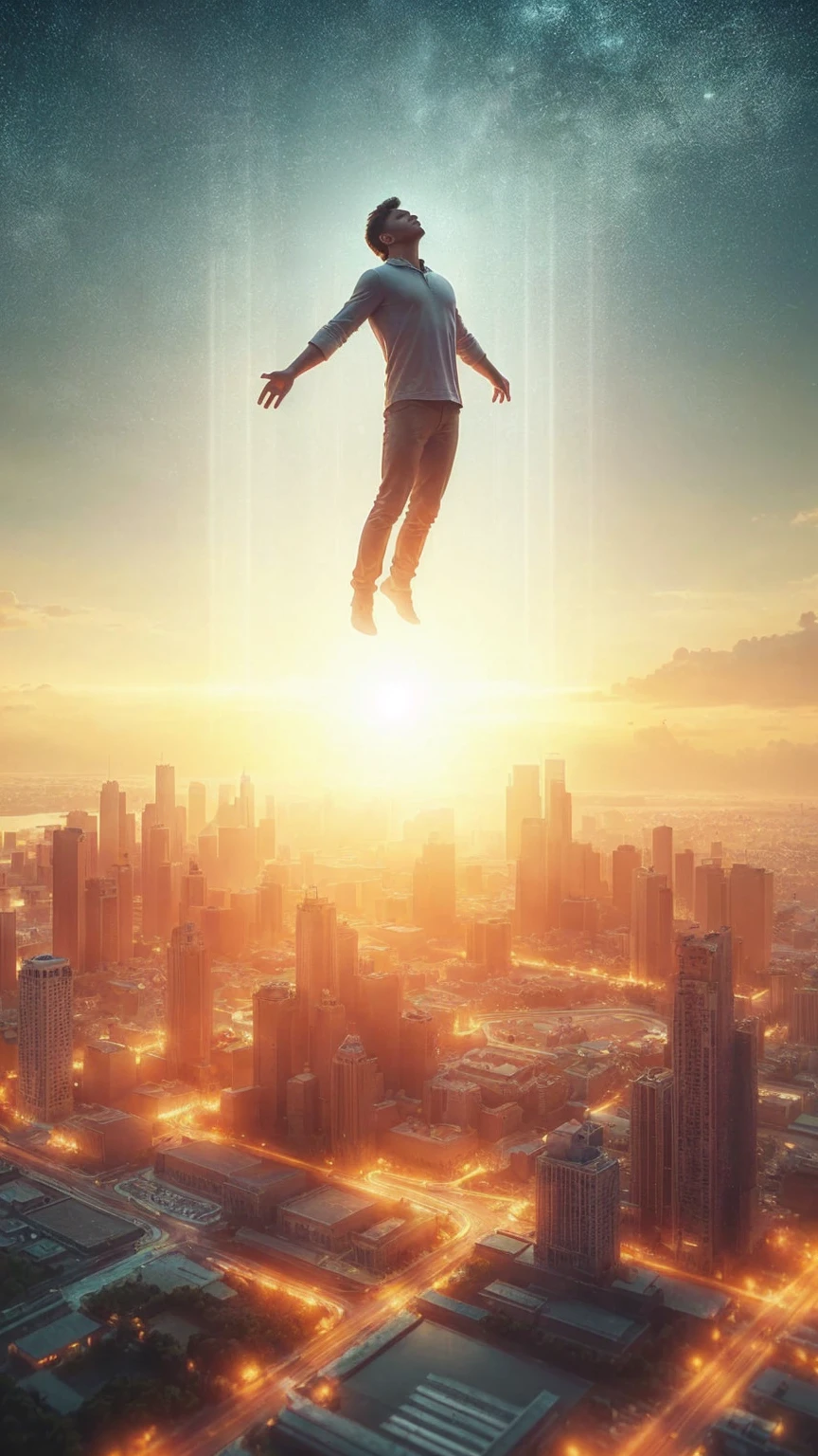 Very real image. A levitating person. Photorealism, full view, very detailed image, very realistic, hyperrealism, cinematography, Ultra HD, 8k, Unreal Engine 5, sharp focus, intricate and mysterious masterpiece. (Long exposure photography Artistic illustration close-up portrait very detailed: final quality, medium shot, backlight, Rich and striking. Enigmatic and mysterious manipulations (composition of the rule of thirds), ((detailed environment with strong lines) The best quality, in camera, white light, warm and clean aesthetics, dazzling screen composed of millions of brilliant ultraviolet rays, HDR.
