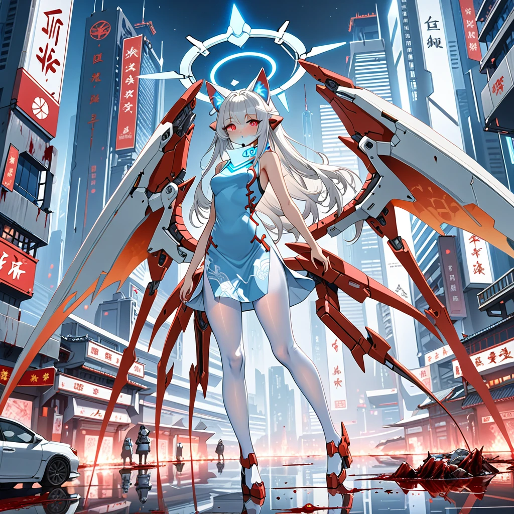 masterpiece, highest quality, highest resolution, clear_image, detailed details, white hair, long hair, 1 girl, cat ears, red eyes, futuristic dragon wings, futuristic halo, white sci fi mecha china dress, white scarf (around the neck withn a light blue glow), white pantyhose, full body, no water marks, city, blood coming out of mouth