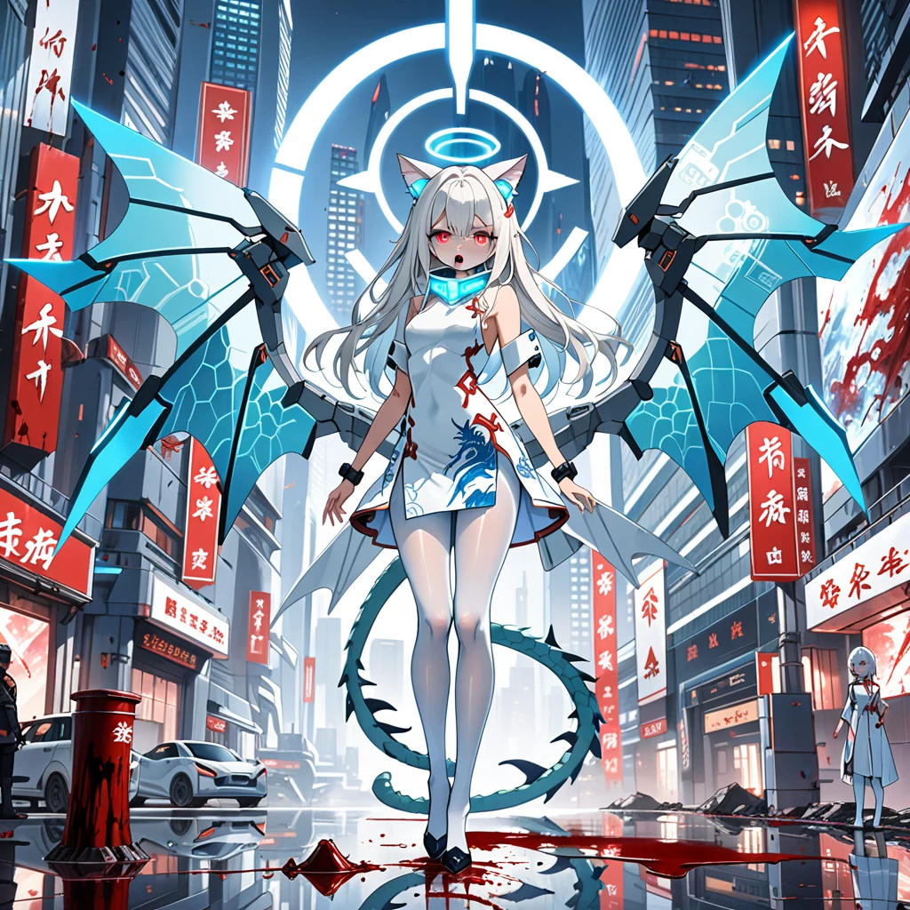 masterpiece, highest quality, highest resolution, clear_image, detailed details, white hair, long hair, 1 girl, cat ears, red eyes, futuristic dragon wings, futuristic halo, white sci fi mecha china dress, white scarf (around the neck withn a light blue glow), white pantyhose, full body, no water marks, city, blood coming out of mouth
