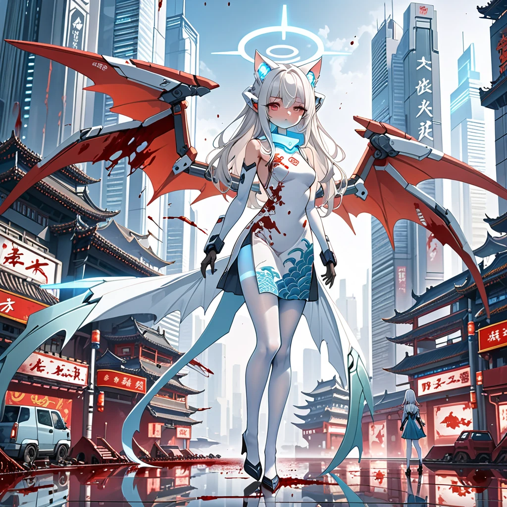 masterpiece, highest quality, highest resolution, clear_image, detailed details, white hair, long hair, 1 girl, cat ears, red eyes, futuristic dragon wings, futuristic halo, white sci fi mecha china dress, white scarf (around the neck withn a light blue glow), white pantyhose, full body, no water marks, city, blood coming out of mouth