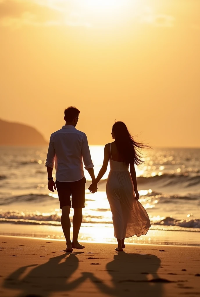 In the sunlight, a couple walks hand in hand intimately on the beach by the sea